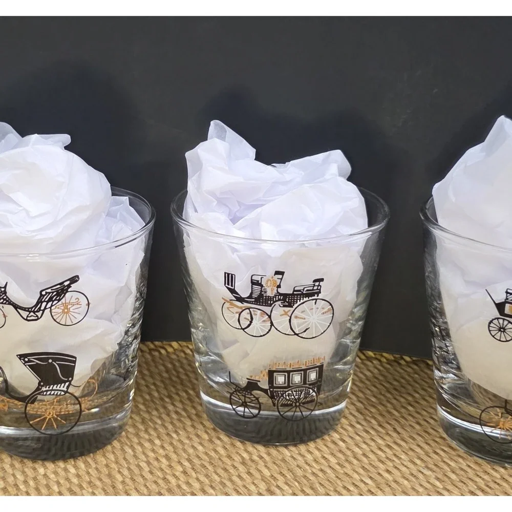 Libbey Rocks Glasses Set of 4 Black Gold Carriage Stagecoach MCM Barware 3.25